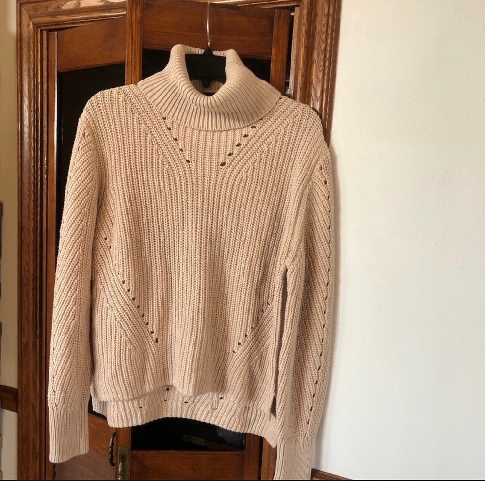 360 SWEATER Cotton Turtleneck Sweater Women’s M Beige Pointelle Knit NWT
